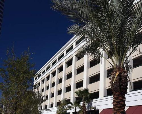 Exterior photo of the City of Jacksonville parking garage. Close up photo of the side. Palm tree and another tree frame the photo.